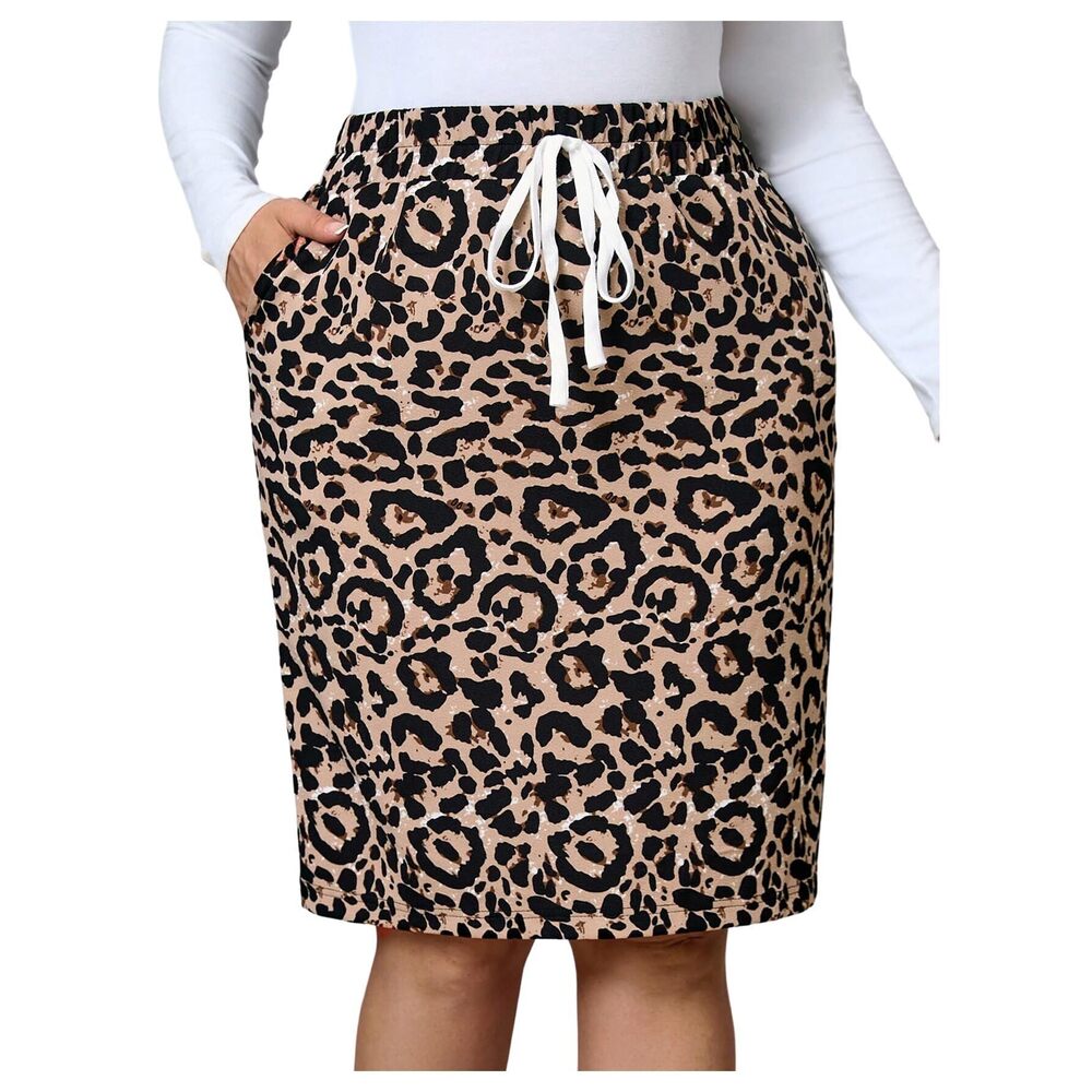 5477 Plus Size Bodycon Skirt Cheetah Print Drawstring Knee Length Summer